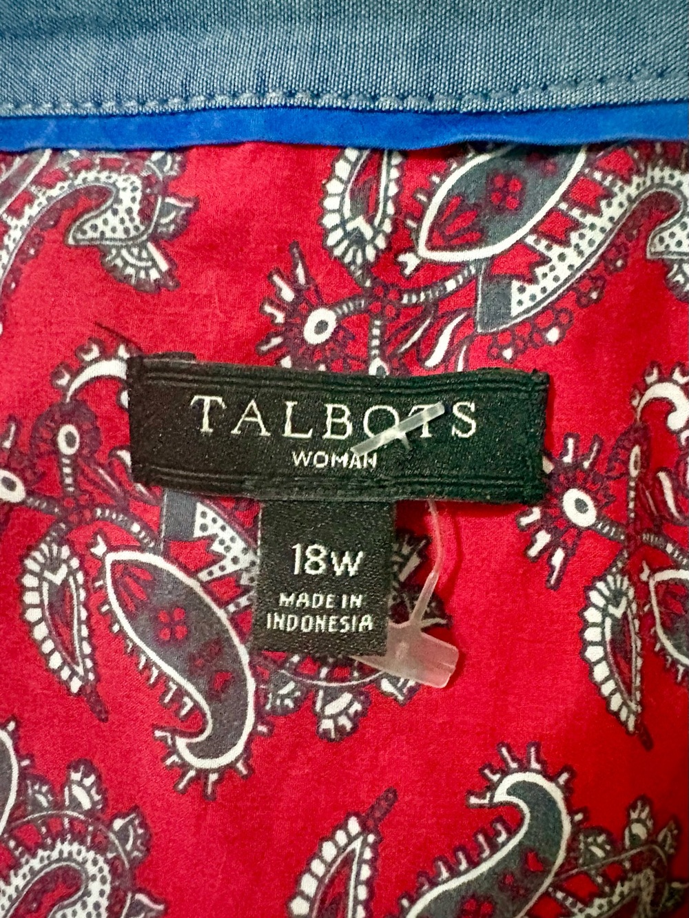 Talbots 18W Red Paisley Casual Button-Down Shirt with Blue Contrast Details - Picture 2 of 4